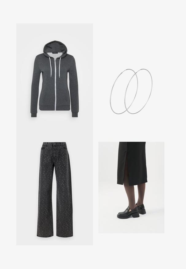 Sivá mikina na zips vyrobená z mäkkej látky, s kapucňou, bielymi šnúrkami a dvoma prednými vreckami. Oblečené manžety a lem.; Čierny body s dlhými rukávmi, s rezom do V z priesvitnej látky a zhromaždením na pleciach. Hladká tkanina s priliehavým strihom.; Noisy May NMJANNEL LOOSE - Džínsy voľného strihu - black denim; Čierne kožené topánky s okrúhlou špičkou, silným blokovým opätkom a elastickými bočnými akcentmi, skombinované s tmavými pančuchami a čiernou sukňou so štiepením.; Strieborné kruhové náušnice s minimalistickým dizajnom. Cirkulárny tvar, hladký povrch a tenký profil. Ľahké s lesklým povrchom.