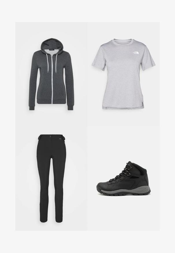Šedá mikina na zip vyrobená z měkké tkaniny, s kapucí, bílými stahovacími šňůrkami a dvěma předními kapsami. Přiléhavé manžety a lem.; Šedé tričko s krátkým rukávem vyrobené z měkké, vlhkosti odvádějící tkaniny. Obsahuje kulatý výstřih a malé bílé logo na levém horním rukávu.; Černé, přiléhavé kalhoty vyrobené z pružného materiálu. Mezi funkce patří boční kapsa na zip, anatomické kolena a hladký povrch.; Černé turistické boty s mírně vyšším střihem, které mají texturovaný svršek, šedé detaily a odolnou gumovou podrážku s trakčními výstupky.