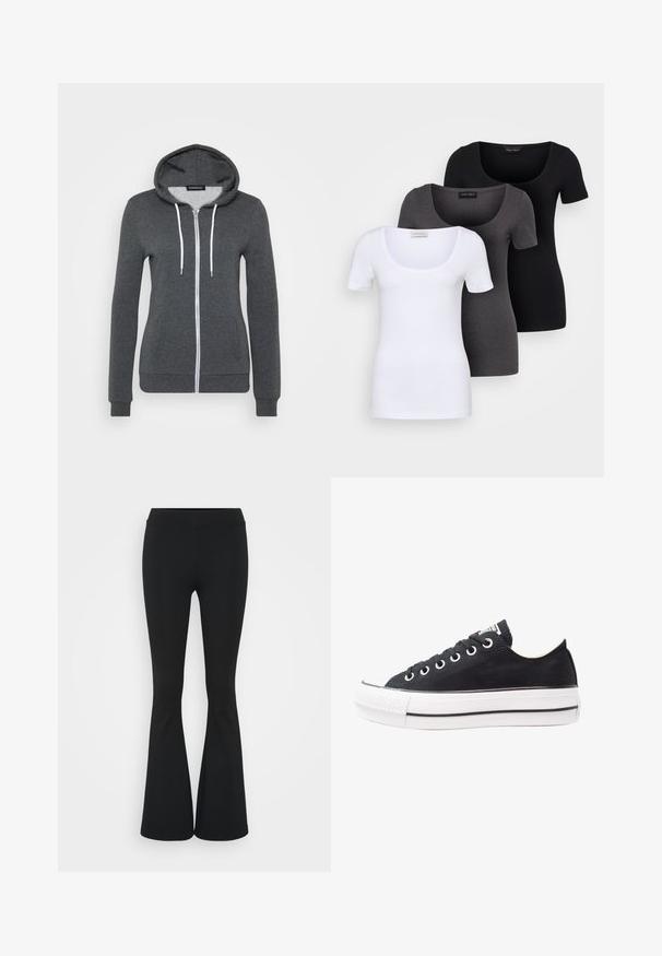 Grå zip-up hettegenser laget av mykt stoff, med hette, hvite snorer og to frontlommer. Fitted mansjetter og kant.; Tre figurerte T-skjorter i hvit, grå og svart. Hver har en bred scoop-nakke og korte ermer. Laget av glatt, elastisk stoff.; Svarte flared bukser laget av elastisk stoff, med høy midje og en glatt tekstur. Buksene vidder ut fra kneet.; Svart canvas sneakers med hvit gummisåle, rund tå, lavt design, metalløye og teksturert tåhette. Tynn svart stripe langs sålen.