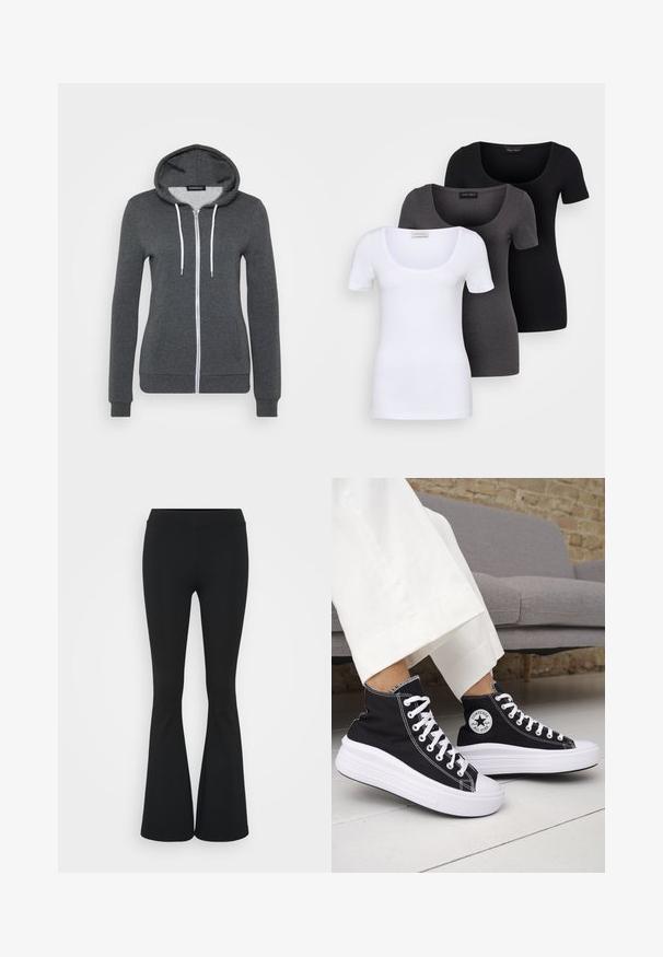 Sudadera gris con cremallera hecha de tela suave, con capucha, cordones blancos y dos bolsillos frontales. Puños y dobladillo ajustados.; Tres camisetas ajustadas en blanco, gris y negro. Cada una cuenta con un escote amplio y mangas cortas. Están hechas de una tela suave y elástica.; Pantalones negros de campana hechos de una tela elástica, con una cintura alta y una textura suave. Los pantalones se ensanchan desde la rodilla.; Zapatillas altas negras con suelas de goma blancas y cordones blancos. Presentan un parche redondo con logo y costuras blancas contrastantes. Material de lona.