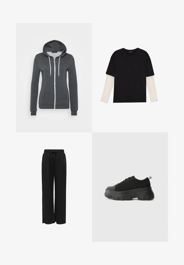 Sivá mikina na zips vyrobená z mäkkej látky, s kapucňou, bielymi šnúrkami a dvoma prednými vreckami. Oblečené manžety a lem.; Čierne tričko z bavlny, s krátkymi rukávmi cez biele tričko s dlhým rukávom, s jemným textúrovaným vzorom. Design s okrúhlym výstrihom.; Čierne nohavice s širokými nohavicami vyrobené z mäkkej tkaniny, s elastickým pásom a šnúrkou na zaväzovanie pre nastaviteľné prispôsobenie. Bez vzorov alebo akcentov.; Čierne tenisky s masívnou gumovou podrážkou, textúrovaným textilným zvrškom, okrúhlou špičkou a šnurovaním. Obsahujú spevnené očká a zadný úchop.