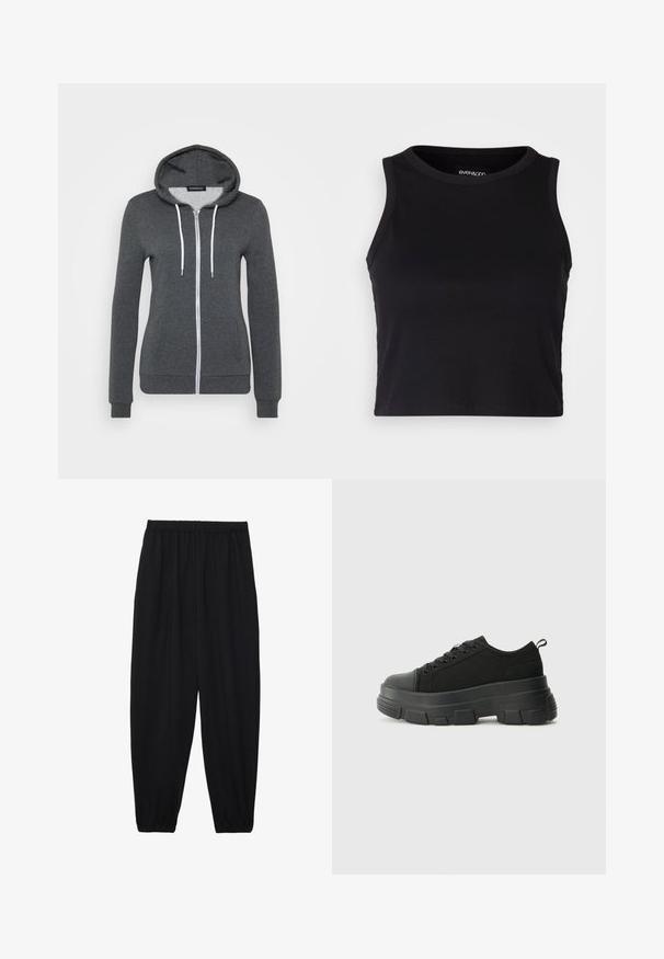 Siva zip-up dukserica od mekog materijala, s kapuljačom, bijelim vrpcama i dva prednja džepa. Uski manžeti i rub.; Crna rebrasta kratka majica bez rukava s okruglim izrezom. Izrađena od mekog, rastezljivog materijala, s urednim rubovima.; Crne, lagane hlače s elastičnom stražnjom pasicom i naboranim gležnjevima. Tkanina je glatka i ima opušteni, suženi dizajn.; Crne tenisice s debelim gumenenim potplatom, teksturiranim gornjim dijelom od tkanine, okruglim vrhom i dizajnom s vezicama. Imaju pojačane rupice za vezice i dodatak za povlačenje straga.