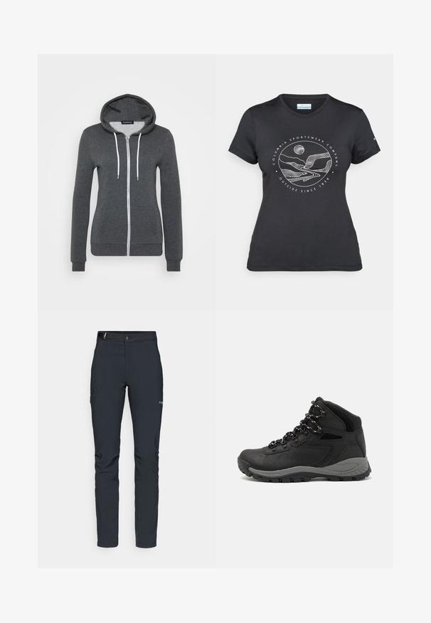 Siva zip-up dukserica od mekog materijala, s kapuljačom, bijelim vrpcama i dva prednja džepa. Uski manžeti i rub.; Crna Columbia majica s bijelim kružnim crtežom planine i rijeke te natpisom "Columbia Sportswear Company Outside Since 1938."; Muške outdoor hlače, tamno sive boje, izrađene od fleksibilnog materijala, s remenom, džepovima na patentni zatvarač i ojačanim šavovima.; Crne planinarske čizme s dizajnom srednjeg vrha, sa teksturiranim gornjim dijelom, sivim akcentima i izdržljivom gumom potplatom s uzorkom za prianjanje.