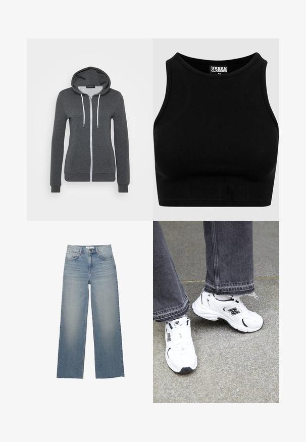 Szürke cipzáras kapucnis pulóver, puha anyagból készült, kapucnival, fehér húzózsinórokkal és két elülső zsebbel. Illeszkedő mandzsettákkal és szegéllyel.; Fekete bordázott fazonú crop top, kerek nyakkivágással és ujjatlan kialakítással. Rugalmas, strukturált anyagból készült. A címke szerint "Urban Classics."; Világoskék, bő szárú farmernadrág, magasan illeszkedő derékkal, elülső zsebekkel és gombos záródással. Sima textúra, fakó részekkel.; Fehér New Balance sportcipők hálós és szintetikus felsőrésszel bírnak, fekete részletekkel. Zúzott szegélyű szürke farmernadrággal viselik egy texturált felületen.