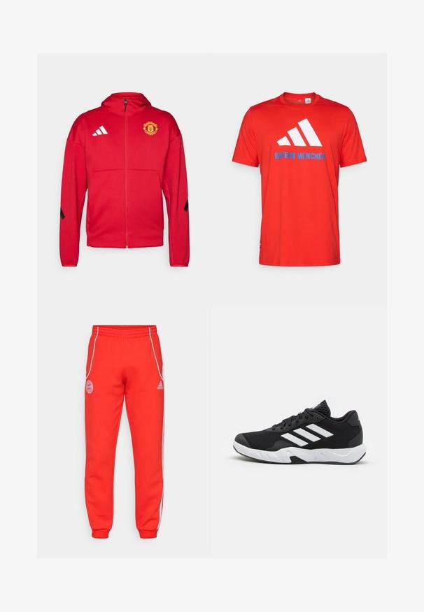 Red zip-up jacket made of soft material. Features a hood, Manchester United logo on the chest, and white Adidas stripes on the shoulders.; Red cotton t-shirt featuring a white three-stripe logo and "BAYERN MÜNCHEN" in blue. Crew neck and short sleeves, simple design.; Red sweatpants with elastic waistband, white side stripes, and logo details on hip and lower leg. Made of soft fabric with ribbed cuffs.; Black athletic shoes with a textured mesh upper, white accent stripes, a cushioned sole, and a reinforced heel for support.