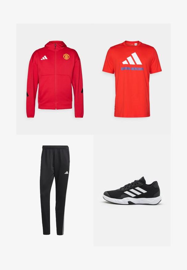 Giacca rossa con zip realizzata in materiale morbido. Presenta un cappuccio, il logo del Manchester United sul petto e strisce bianche Adidas sulle spalle.; T-shirt in cotone rosso con logo bianco a tre strisce e "BAYERN MÜNCHEN" in blu. Collo rotondo e maniche corte, design semplice.; Pantaloni sportivi neri con una cintura elastica, strisce laterali bianche e un piccolo logo bianco sulla coscia. Realizzati in un materiale liscio e leggero.; Scarpe da ginnastica nere con una tomaia in mesh texturizzata, strisce bianche di accento, suola imbottita e tallone rinforzato per supporto.