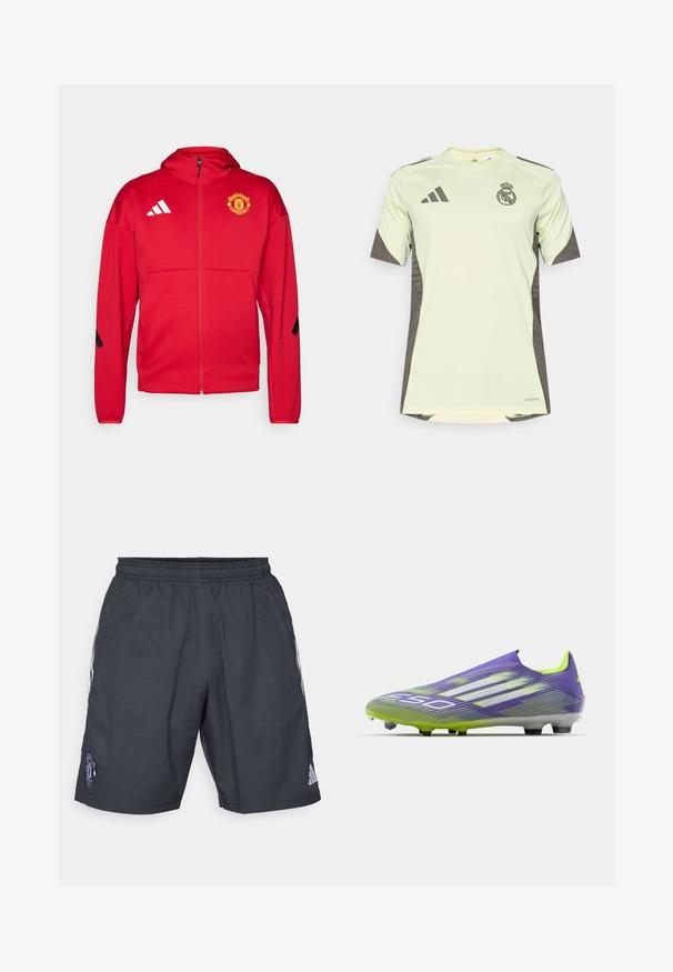 Red zip-up jacket made of soft material. Features a hood, Manchester United logo on the chest, and white Adidas stripes on the shoulders.; Light green short-sleeve jersey with dark gray accents, featuring team logo on the chest, made from breathable material with moisture-wicking technology.; Black athletic shorts made from breathable material, featuring an elastic waistband, white side stripes, and a Manchester United logo.; Soccer cleat in purple and green, featuring a streamlined design, textured upper with stripe patterns, and a translucent sole.