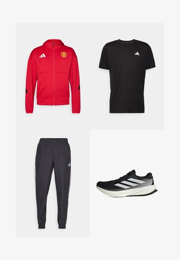 Crvena jakna na zip od mekog materijala. Ima kapuljaču, logo Manchester Uniteda na prsima i bijele Adidas pruge na ramenima.; Crna pamučna majica s kratkim rukavima, okruglim izrezom i bijelim logotipom na lijevoj strani prsnog koša. Glatka tekstura i jednostavan dizajn.; Crne sportske hlače s elastičnom gumicom u struku, s bijelim prugama uz bokove i malim logotipom na kuku. Glatka tekstura.; Crna atletska cipela s mrežastim dizajnom, koja ima bijele pruge, zaobljeni vrh i teksturiranu potplate za prianjanje i potporu.