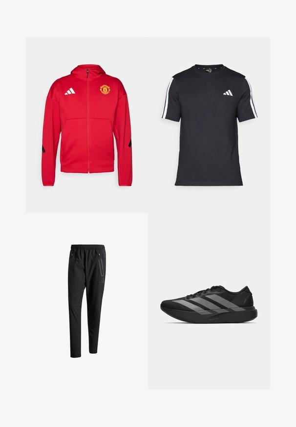 Rote zip-up Jacke aus weichem Material. Mit Kapuze, Manchester United-Logo auf der Brust und weißen Adidas-Streifen an den Schultern.; Schwarzes T-Shirt aus Baumwolle mit kurzen Ärmeln, ausgestattet mit weißen Streifen auf den Schultern und einem weißen Logo auf der linken Brust.; Schwarze Sporthose mit elastischem Bund, zwei Reißverschlusstaschen an den Seiten, schmal zulaufenden Beinen und einem dezenten Logo-Detail an der Hüfte.; Schwarze Sportschuhe mit einem leichten Design, ausgestattet mit drei auffälligen grauen Streifen, einer glatten Textur und einer konturierten Sohle.