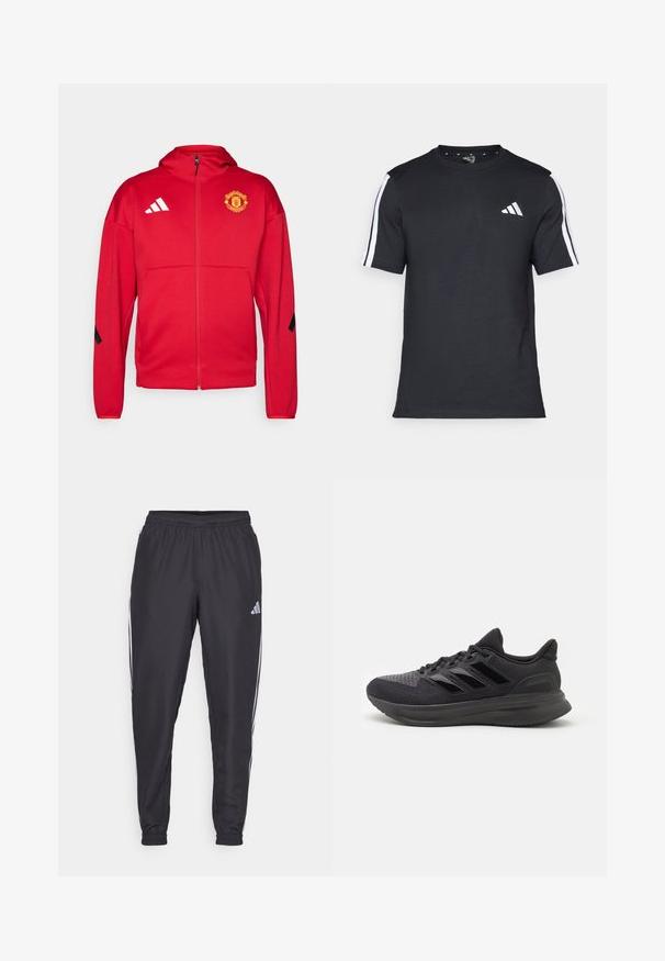 Crvena jakna na zip od mekog materijala. Ima kapuljaču, logo Manchester Uniteda na prsima i bijele Adidas pruge na ramenima.; Crna majica od pamuka s kratkim rukavima, koja ima bijele pruge na ramenima i bijeli logo na lijevoj strani prsiju.; Crne sportske hlače s elastičnom gumicom u struku, s bijelim prugama uz bokove i malim logotipom na kuku. Glatka tekstura.; Crne atletske cipele s teksturiranim gornjim dijelom od tkanine, gumeni potplat i tri sjajne crne pruge sa strane. Zaobljeni vrh i uložak u peti.