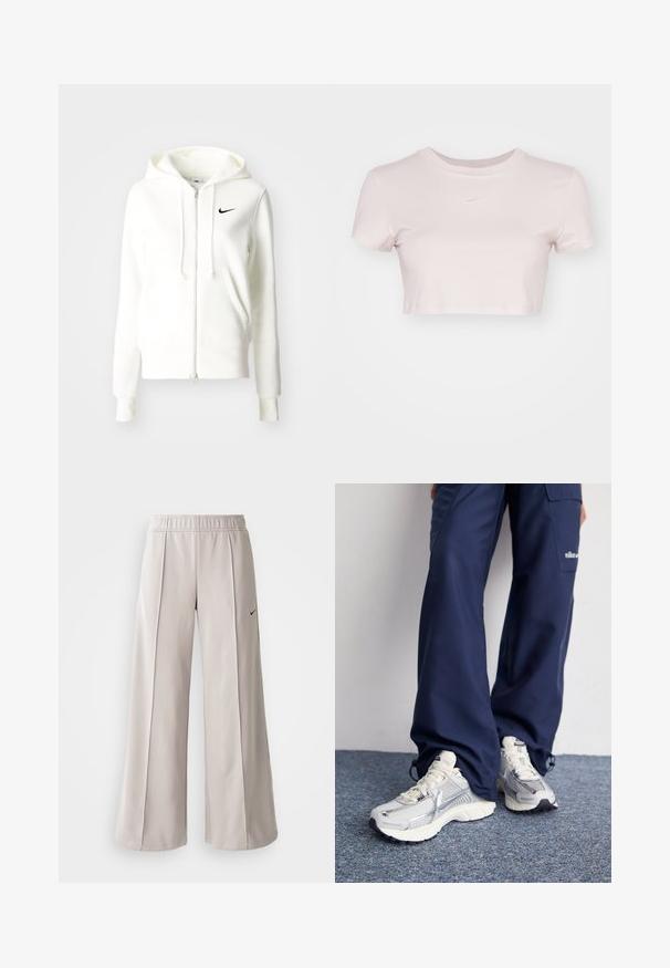 Balta kapuce ar rāvējslēdzēju, izgatavota no mīksta auduma, ar melnu Nike logo augšējā kreisajā stūrī, ar kapuci un sānu kabatām.; Grezno piegriezts T-krekls gaiši rozā krāsā, izgatavots no mīkstas auduma. Tam ir apaļa apmale un īsas piedurknes, ar mazu balto Nike logo krūtīs.; Gaiši pelēkas platas bikses, izgatavotas no gludas auduma. Iezīmēta ar elastīgu jostu un melnu Nike logo kreisajā pusē.; Nike sporta apavi ar sudraba sietu augšdaļu, baltām akcentiem un teksturētām zolēm, saskaņoti ar brīviem zila toņa biksēm.