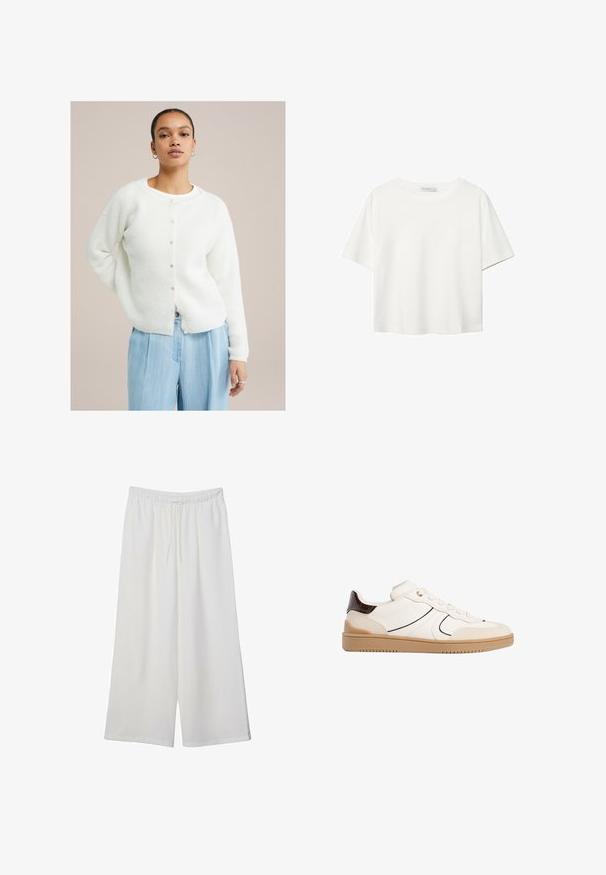 Bílé pletené kardigán s kulatým výstřihem, zapínáním na knoflíky a dlouhými rukávy, spárovaný se světle modrými skládacími kalhotami.; Bílý krátký rukáv tričko vyrobené z bavlny. Má kulatý výstřih a volný střih. Hladký materiál bez viditelných vzorů nebo akcentů.; Bílé kalhoty s širokými nohavicemi vyrobené z lehké tkaniny, s elastickým pasem a stahovací šňůrkou pro nastavitelnou velikost. Hladká textura.; Stradivarius Tenisky - white