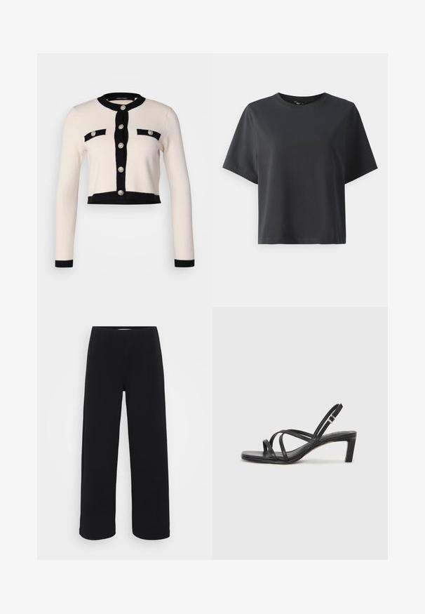 Kratka jopica v kremni in črni barvi, z dolgimi rokavi, črnimi poudarki, dvema žepoma na prsih in dekorativnimi srebrnimi gumbi.; Črna bombažna majica, kratki rokavi, krojeni ovratnik, sproščenega kroja, gladka tekstura, preprost dizajn, brez vzorcev ali dodatkov.; Črne široke hlače s elastičnim pasom. Narejene iz teksturiranega materiala, se ponašajo z ohlapnim krojem in ravnim rezom od kolkov do roba.; Črne natikače s trakovi in kvadratnim prstom ter nizkim blokastim peto. Imajo več tankih trakov in nastavljiv trak okoli gležnja. Narejene so iz gladkega usnja.