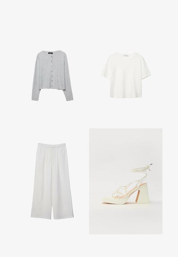 Cardigan corto grigio chiaro in morbido cotone a costine, con scollatura rotonda e sei bottoni coordinati lungo la parte anteriore.; T-shirt bianco a maniche corte realizzato in cotone. Presenta un collo tondo e una vestibilità rilassata. Texture liscia senza motivi o dettagli visibili.; Pantaloni bianchi a gamba larga realizzati in tessuto leggero, dotati di una vita elastica e di un cordino per una vestibilità regolabile. Texture liscia.; Sandalo bianco con tacco alto, caratterizzato da un design a cinturini e un legaccio alla caviglia. Texture liscia con una piattaforma frontale per un'altezza aggiuntiva.