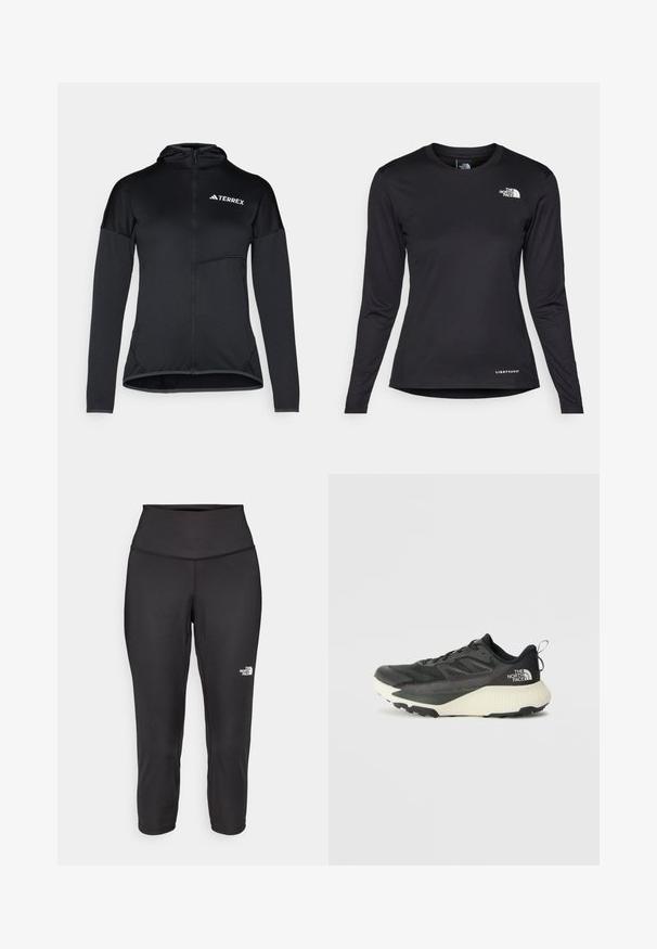 Black Terrex hoodie featuring a full zip, long sleeves, and a small chest pocket; made from lightweight, smooth fabric with a fitted design.; The North Face SHADOW LONG SLEEVE - Long sleeved top - black; Black capri leggings made from stretchy fabric, featuring a high waistband and a small white logo on the left side. Smooth texture.; Black athletic shoe with a textured upper, featuring gray accents and a white midsole. Includes a pull tab and prominent brand logo on the heel.