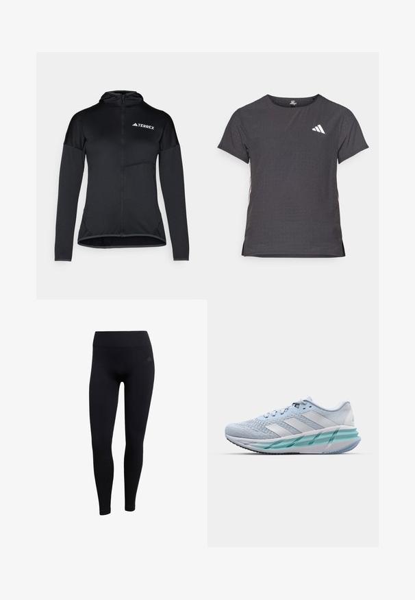 Felpa nera Terrex con zip completa, maniche lunghe e una piccola tasca sul petto; realizzata in tessuto leggero e liscio con un design aderente.; T-shirt atletico a maniche corte, grigio scuro con texture perforata. Presenta un logo bianco e strisce laterali a contrasto. Girocollo.; Leggings sportivi neri realizzati in tessuto elasticizzato, con vita alta, design aderente e polsini a coste alle caviglie. Logo del marchio discreto.; Scarpe da ginnastica azzurro chiaro con tomaia in maglia testurizzata, accenti bianchi e suola intermedia verde trasparente. Punta rotonda e colletto imbottito.