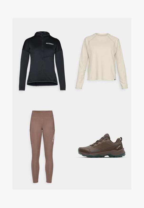 Czarna bluza Terrex z kapturem, z pełnym zamkiem, długimi rękawami i małą kieszonką na piersi; wykonana z lekkiego, gładkiego materiału o dopasowanym kroju.; Jasno beżowa bluzka z długim rękawem o teksturowanym, prążkowanym wzorze. Posiada rękawy raglanowe oraz okrągły dekolt. Dyskretny logo marki na dole.; Brązowe legginsy sportowe z wysokim stanem, posiadające boczne kieszenie i białe logo. Gładki, elastyczny materiał zapewniający komfort i swobodę ruchów.; Szare i turkusowe buty trekkingowe z siateczkowymi panelami, teksturowanym cholewką i szorstką gumową podeszwą. Posiadają wyściełany język i sznurowany fason.