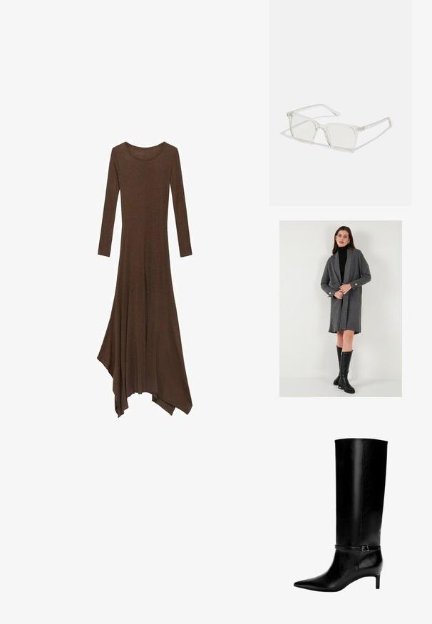 Cardigan gri cu nervuri, cu mâneci lungi, deschis în față și detalii cu nasturi aurii. Asortat cu un pulover negru slim cu guler înalt și cizme negre până la genunchi.; Rochie lungă, de culoare maro, cu mâneci lungi și decolteu rotund, cu un tiv curgător și o tăietură asimetrică. Fabricată dintr-un material moale și ușor.; Cizme negre din piele, până la genunchi, cu vârf ascuțit și tocul mic. Prezentă o curea îngustă cu o cataramă metalică în jurul gleznei. Textură netedă.; Ochelari de vedere cu rame pătrate din plastic transparent, dotate cu lentile translucide și accente aurii pe temple pentru un detaliu suplimentar.; Geantă tote din piele maro cu o textură moale, având un design spațios și o singură curea. Purtați-o cu o jachetă din denim albastru.