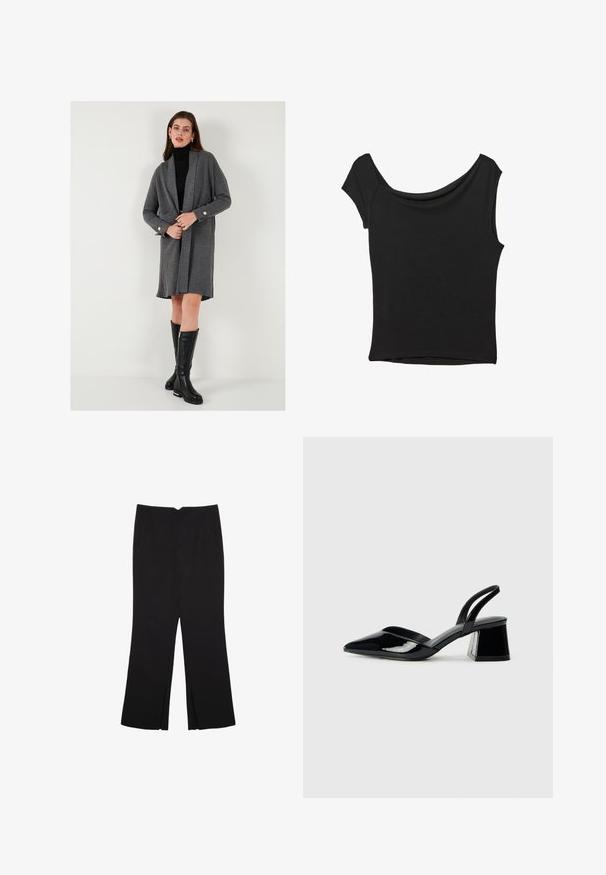 Graue gerippte Strickjacke mit langen Ärmeln, offener Vorderseite und goldenen Knopfdetails. Kombiniert mit einem schmalen schwarzen Rollkragenpullover und kniehohen schwarzen Stiefeln.; Schwarzes Kurzarmoberteil aus glattem Stoff; hat einen drapierten Ausschnitt und einen asymmetrischen Saum, mit einem figurbetonten Körper.; Schwarze Hose mit geradem Schnitt, ausgestattet mit Fronttaschen und Seitenschlitzen am Saum. Hergestellt aus weichem, glattem Stoff. Geeignet für verschiedene Anlässe.; Schwarze Lackleder-Slingback-High Heels mit spitzem Schuh und einem geometrischen Blockabsatz. Verfügt über ein schlankes, minimalistisches Design und eine glatte Textur.