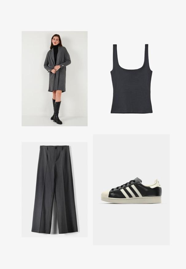 Šedý žebrovaný kardigan s dlouhými rukávy, otevřeným předním dílem a zlatými knoflíky. V kombinaci s úzkým černým rolákem a černými kozačkami po kolena.; Černý tílko vyrobené z jemné směsi bavlny, s kulatým výstřihem a širokými ramínky, s přiléhavým střihem a bez viditelných vzorů.; Kalhoty s širokými nohavicemi vyrobené z tmavě šedé látky, s knoflíkovým zapínáním, předními sklady a poutky na pásek. Hladká textura s přizpůsobeným střihem.; Černé kožené sneakers s bílými pruhy, gumovou špičkou, černými tkaničkami a krémovou podešví. Hladký povrch s lesklým finišem.