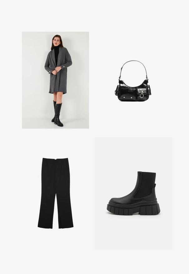 Sivi rebrasti kardigan z dolgimi rokavi, odprtim sprednjim delom in zlatimi detajli na gumbih. Usklajen s ožjim črnimi polo majico in dolgo črnimi škornji do kolen.; Črna majica brez rokavov iz bombaža, z okroglim izrezom in širokimi odprtinami za roke. Gladka tekstura s šivi na robovih. Klasičen, minimalističen dizajn.; Črne hlače ravnega kroja z naglavnimi žepi in stranskimi razporki na robu. Narejene iz mehke, gladke tkanine. Primerne za različne priložnosti.; Črne gležnjarje iz gladke usnje s elastikami na straneh, z masivnim podplatom in teksturiranim dizajnom podplata.; Črna lakasta usnjena torbica s ukrivljeno obliko, enim ramenskim trakom, sprednjimi žepi in srebrnimi kovinskimi dodatki.