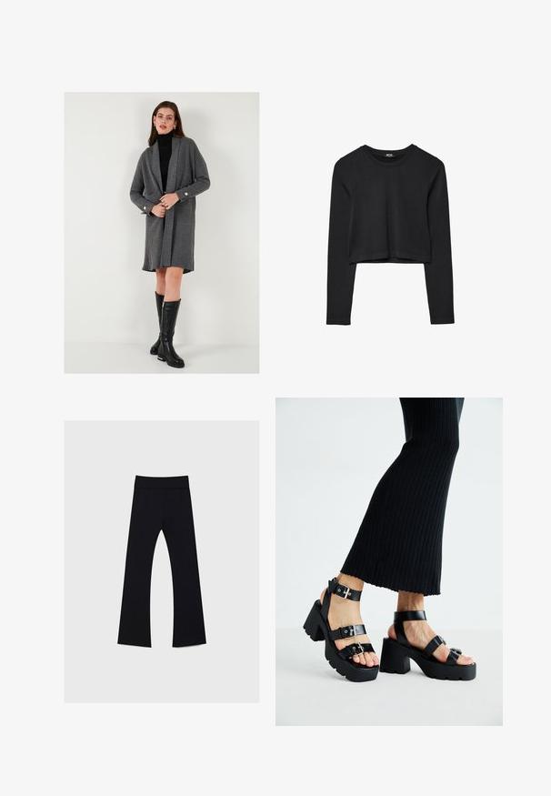 Cardigan grigio a coste con maniche lunghe, apertura frontale e dettagli con bottoni dorati. Abbinato a un dolcevita nero slim e stivali neri al ginocchio.; Top cropped nero a maniche lunghe con scollatura tonda, design semplice e orlo leggermente curvo.; Pantaloni yoga neri con vita alta, realizzati in tessuto elastico, presentano un design a gamba svasata e una superficie liscia in tutto il capo.; Sandali neri con piattaforma, suole chunky e tassellate, dotati di molteplici cinturini, con fibbie in metallo e un texture simile alla pelle liscia.