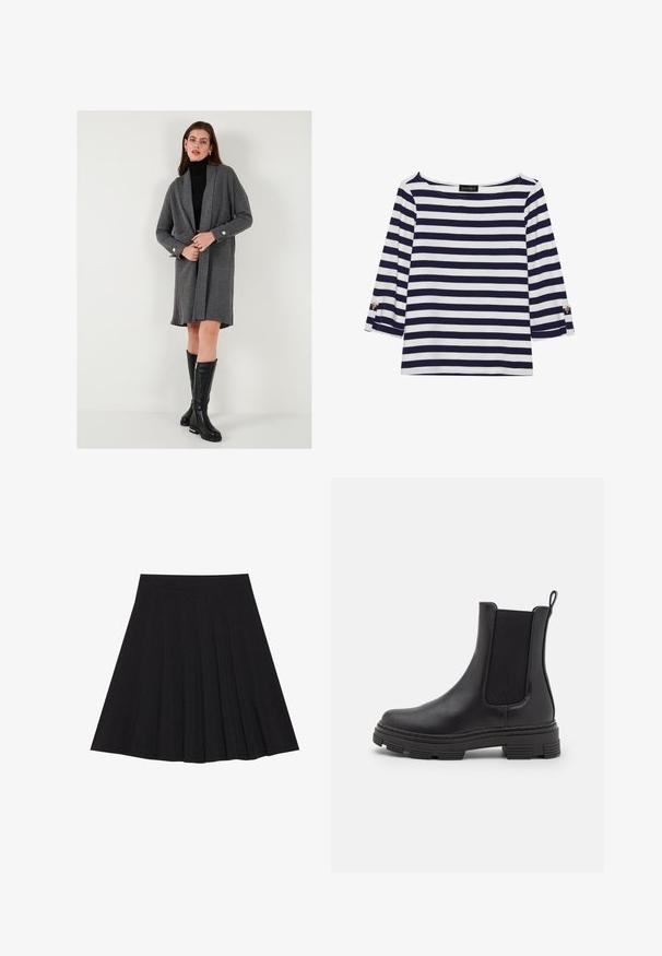 Pelēks ribots kardigāns ar garām piedurknēm, atvērta priekšpuse un zelta pogu detaļas. Kombinēts ar stingru melnu turtleneck un līdz ceļiem augstiem melniem zābakiem.; Jūras spēku tumši zilas un baltas svītras ar garām piedurknēm augšdaļa ar laivu veida kakla izgriezumu un zeltītām pogu akcentiem uz sarullētām piedurknēm. Mīksts audums, brīvs piegriezums.; Melna plisētā svārku ir izgatavota no teksturēta auduma ar ietilpīgu jostasvietu. Svārki ir līdz ceļiem un tiem ir gluda, tīra silueta.; Melnas ādas potītes zābaks ar elastīgiem sānu paneļiem, noapaļota purngala forma un teksturēta gumijas zole. Iespējams, ka aizmugurē ir cilpa, kas atvieglo uzvilkšanu.