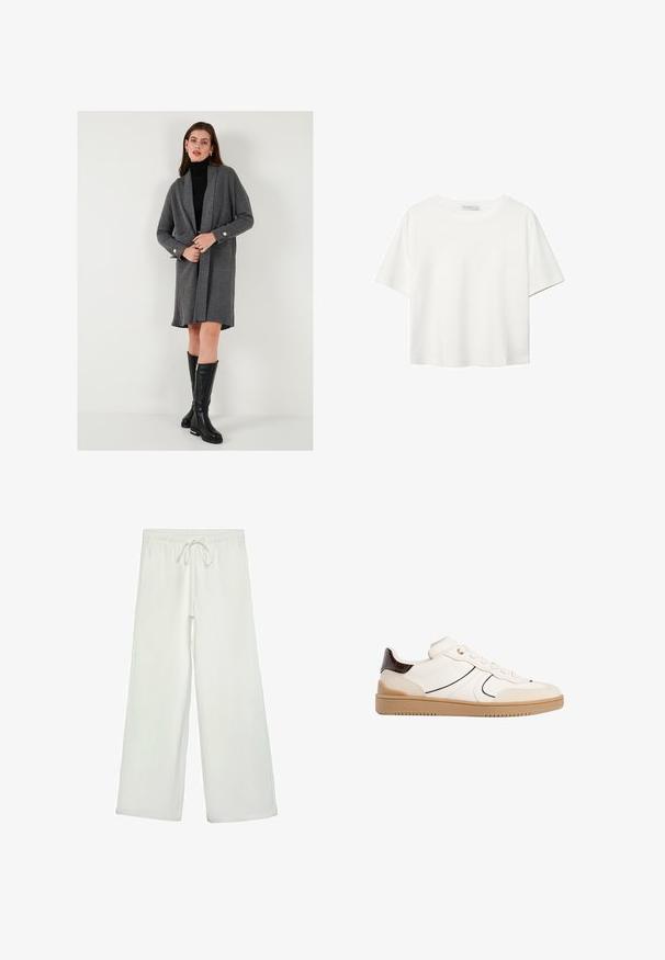 Grå ribbet cardigan med lange ærmer, åben front og detaljer med guldknapper. Sammen med en tætsiddende sort rullekrave og knæhøje sorte støvler.; Hvid kortærmet t-shirt lavet af bomuld. Har en rund halsudskæring og en afslappet pasform. Glat tekstur uden synlige mønstre eller detaljer.; Hvide bukser med bred ejer lavet af blødt stof. Har en elastisk talje med snor og en glat tekstur. Ingen synlige mønstre eller hardware.; Stradivarius Sneakers - white