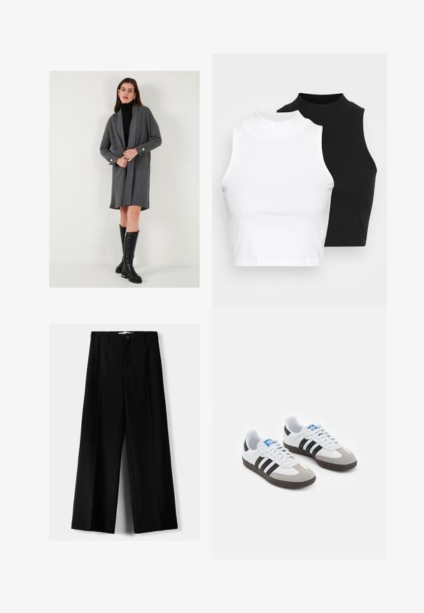 Grijze geribbelde cardigan met lange mouwen, open voorkant en gouden knoopdetails. Gecombineerd met een slanke zwarte coltrui en kniehoge zwarte laarzen.; Twee mouwloze ribgebreide coltruien in zwart en wit, met een slim fit ontwerp en een gladde textuur, met een cropped lengte.; Zwarte wijde broek van lichtgewicht stof, met een knoopsluiting aan de voorkant en een vlakke achterkant, afgewerkt met keurig gestikte zoom.; Sportschoenen met een witte leren bovenkant, grijze suède neus en drie zwarte strepen. Bevat een blauw logo op de tong en een gestructureerde rubberen zool.