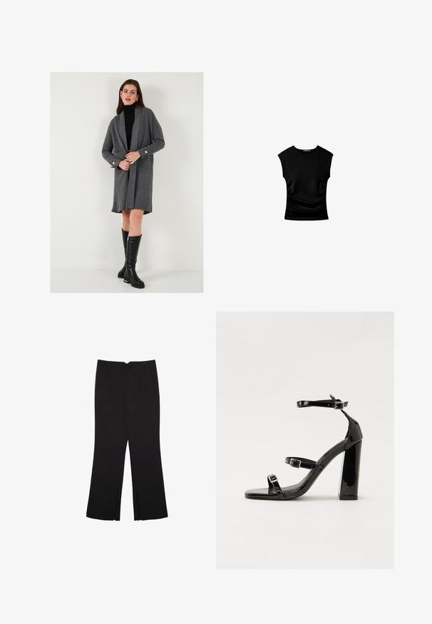 Sivi rebrasti kardigan z dolgimi rokavi, odprtim sprednjim delom in zlatimi detajli na gumbih. Usklajen s ožjim črnimi polo majico in dolgo črnimi škornji do kolen.; Črn kratkotrajni top s prilegajočo silhueto, ki se ponaša z nabranimi stranskimi detajli in gladkim, raztegljivim materialom za udobje.; Črne hlače ravnega kroja z naglavnimi žepi in stranskimi razporki na robu. Narejene iz mehke, gladke tkanine. Primerne za različne priložnosti.; Črne lakirane sandale s peto, kvadratnim prstom, trakovi okrog gležnja in srebrnimi zaponkami. Opremljene so s stabilno Debelo peto.
