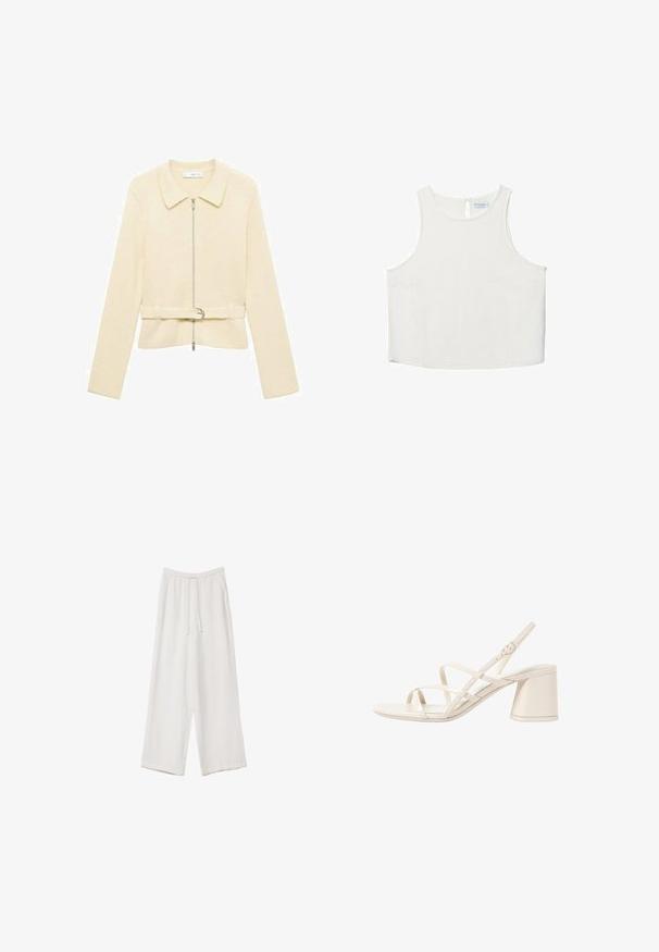 Beige neuletakki pitkillä hihoilla, vetoketjulla edessä, kauluksella ja vyöllä varustettu vyötärö. Sen pinnassa on sileä rakenne ja hienovarainen vaakasuora kuvio.; Valkoinen hihaton paita, jossa on pyöreä pääntie, hienovarainen tekstuuri, avaustakki ja suora helma.; Valkoiset leveälahkeiset housut kevyestä kankaasta. Ominaisuuksiin kuuluu elastinen vyötärö, jossa on nauhakuuluma ja sivutaskut. Sileä rakenne.; Beige sandaalit korkokengät, joissa on kapeat, ristiin menevät hihnat, avoin varvas ja neliömäinen tukikorko. Liukas lakattu pinta, säädettävä nilkkahihna.