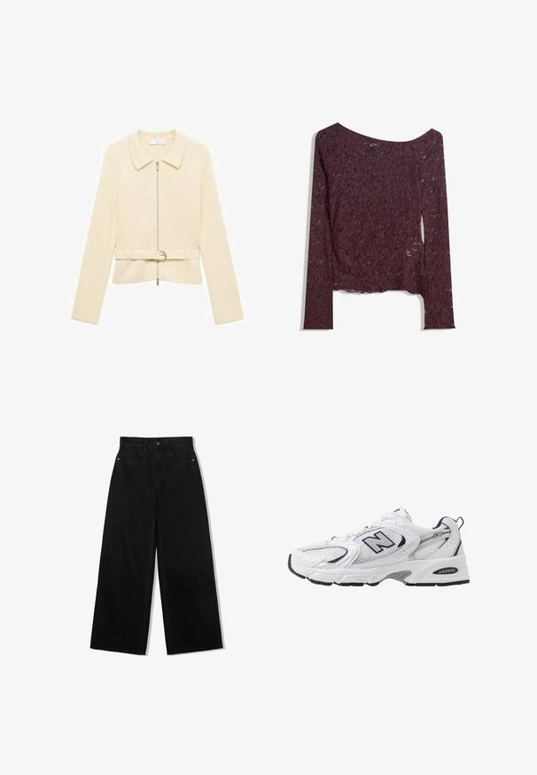 Beige gebreide jas met lange mouwen, een ritssluiting aan de voorkant, een kraag en een ceintuur om de taille. Heeft een gladde textuur en een subtiel horizontaal patroon.; Kanten langemouwen top in diep burgundy, met een off-shoulder ontwerp, bloemmotieven en een licht transparante textuur met een rechte zoom.; Zwarte, wijde spijkerbroek van denim met een hoge taille, voorzien van een vijf-pocket ontwerp en een enkele knoopsluiting aan de voorkant.; Witte sport schoen met mesh bovenkant, marineblauwe accenten en een gehoorzaamde zool. Bevat het "N" logo, veters en een gestructureerde detail aan de zijkant.