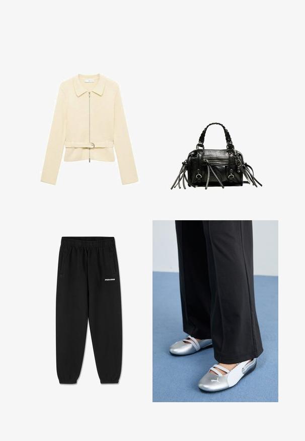 Béžová pletená bunda s dlouhými rukávy, zipem vpředu, límcem a páskem v oblasti pasu. Má hladkou texturu a jemný horizontální vzor.; Šedé bavlněné tričko s krátkým rukávem, vybavené kulatým výstřihem a malým bílým logem "PEGADOR" na přední straně. Hladká textura, volný střih.; Černé tepláky vyrobené z měkké tkaniny, s elastickým páskem na stažení, zúženými nohavicemi a bočními kapsami. Bílé logo „PEGADOR“ na přední straně.; Stříbrné a bílé ploché boty s křížovými pásky a texturovaným detailem, doplněné volnými černými kalhotami. Umístěno na modré podlaze.; Černá kožená kabelka s pletenými držadly, texturovaným povrchem, přední kapsou na zip a dekorativními třásněmi. Kompaktní a strukturovaný tvar.