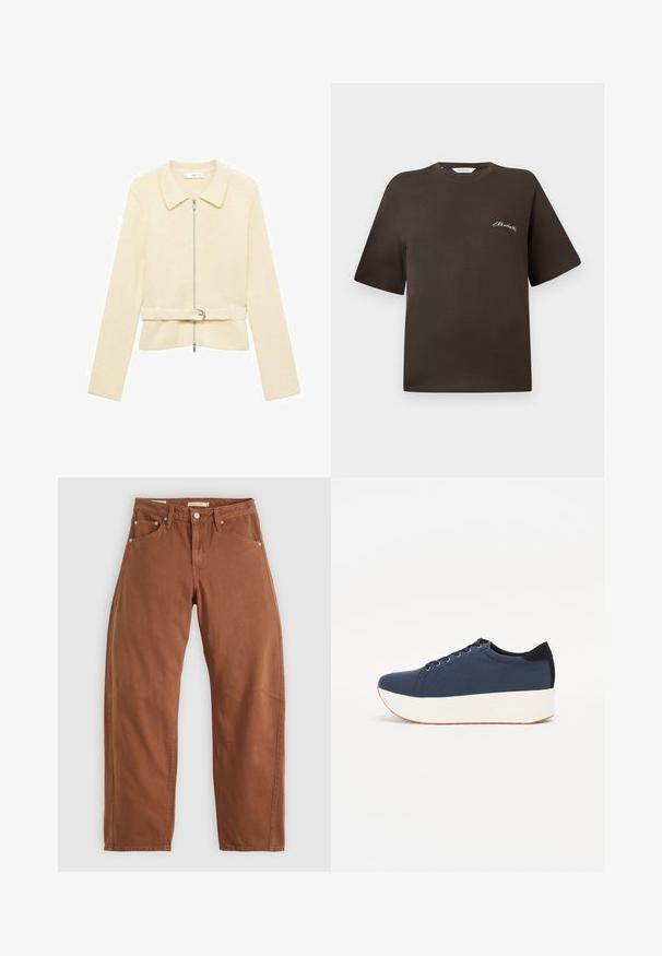 Jachetă tricotată bej cu mâneci lungi, fermoar frontal, guler și talie cu curea. Prezintă o textură netedă și un model orizontal subtil.; Tricou din bumbac maro cu mâneci scurte, croială lejeră, decolteu rotund, având un mic text brodat alb pe pieptul stâng.; Jeanși drepti de culoare ruginită, cu buzunare frontale și spate, nituri metalice, închidere cu nasture și bucle pentru curea, întinși pe un fundal alb.; Sneaker albastru închis, cu un material texturat pe partea superioară, talpă platformă albă, vârf rotunjit și accent de călcâi negru. Dispune de șase găuri pentru șireturi.