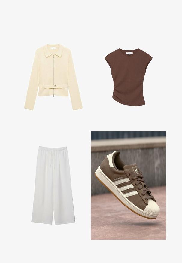 Béžová pletená bunda s dlhými rukávmi, predným zipsom, golierom a opaskom v páse. Má hladkú textúru a jemný horizontálny vzor.; Hnedý rebrovaný top s krátkym rukávom a mierne zakriveným lemom. Mäkkučký materiál a voľný strih, s okrúhlym výstrihom a minimálnymi švami.; Biele široké nohavice z ľahkého materiálu s elastickým pásom a šnúrkou na nastavenie veľkosti. Hladká textúra.; Hnedé semišové tenisky s bielymi pruhmi, krémovými akcentmi a gumovou špičkou. Obsahujú šnurovací dizajn a textúrovanú gumenú podrážku.