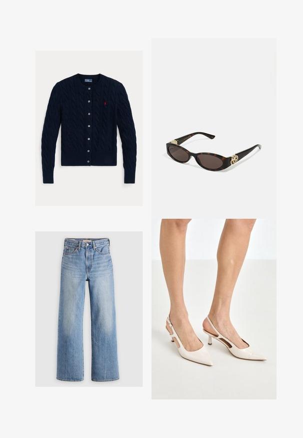 Cardigã azul-marinho de malha com gola redonda, seis botões e punhos e bainha canelados. Apresenta um pequeno logótipo vermelho no peito.; Camisa de mangas compridas azul e branca às riscas, com colarinho abotoado, punhos em contraste e um pequeno emblema no peito.; Calças de ganga largas de denim azul claro com uma cintura alta, áreas desbotadas, cinco bolsos e costura em contraste. Fecho clássico com botão e zíper.; Saltos slingback de verniz bege com bico fino e salto de 5 cm, apresentando lados recortados e uma tira fina no tornozelo.; Óculos de sol de tartaruga com lentes ovais alongadas, tom castanho, acentos de logotipo dourado nas hastes e hastes pretas elegantes.