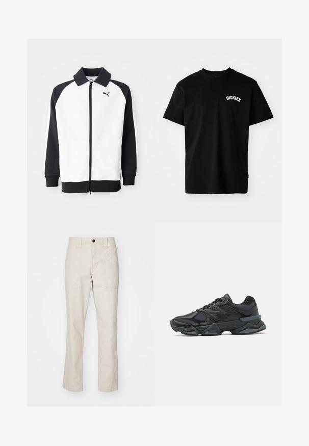 Kurtka treningowa Puma z białym korpusem i czarnymi rękawami raglanowymi, z zapięciem na zamek i czarnym kołnierzem. Gładka tekstura, detal logo na piersi.; Czarny bawełniany T-shirt z krótkimi rękawami i okrągłym dekoltem. Posiada biały, zakrzywiony napis "DICKIES" na piersi. Prosty design, bez wzorów.; Beżowe spodnie bawełniane o prostym kroju nogawki, z dwoma przednimi kieszeniami, pojedynczym zapięciem na guzik oraz widocznymi przeszyciami.; Czarne buty biegowe z mieszanką siateczki i materiałów syntetycznych, masywną podeszwą, opływowym kształtem oraz wyraźnym brandingiem z boku.