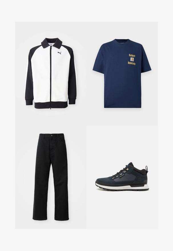 Puma tréningdzseki, fehér testtel, fekete raglán ujjakkal, cipzárral záródik és fekete gallérral rendelkezik. Sima textúra, logóval a mellkason.; Sötétkék pamut póló rövid ujjal, arany színű "Carhartt University" felirattal és logóval a bal mellen.; Fekete farmernadrág egyenes szabással, elülső zsebekkel, cipzáras flyal és egy felső gombbal. Strukturált anyag matt felülettel.; Tengerészkék túracipő velúr és textil felsőrésszel, fehér középtalppal, fekete talppal és fényes fűzőlyukakkal. Hátsó húzófüllel rendelkezik az könnyebb felhúzás érdekében.
