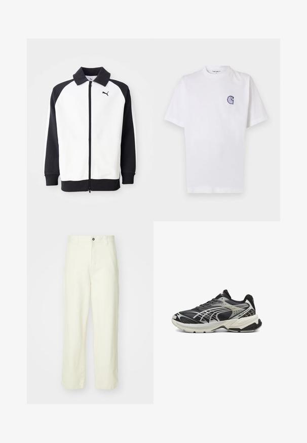 Puma jooksjakku, millel on valge keha ja mustad raglanvarrukad, luku sulgemine ja must krae. Sile tekstuur, logo detail rinnal.; Valge puuvillane t-särk lühikeste varrukatega, ümara kaelusega ja vasakul rinnal väike tikitud sinine "C" logo.; Heledad kollased puuvillased püksid sirge lõikega, millel on ees nööpidega sulgus, vööpaelad ja puhas, minimalistlik disain.; Must värvi spordijalats, millel on võrkkangas ja sünteetilised lisandid, sealhulgas pehme kaelus, tekstuuriga tald ja hõbedased aktsendid voolujoonelises disainis.