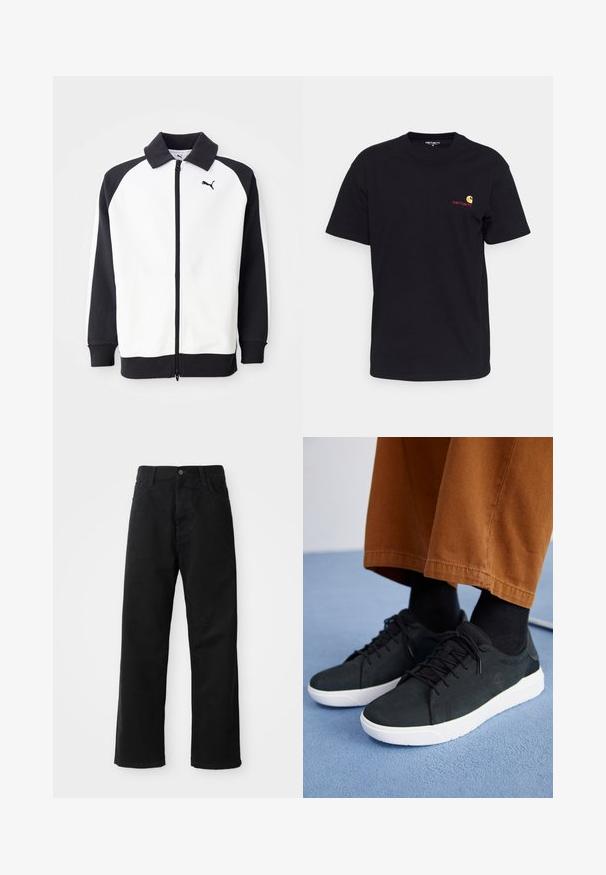 Puma tréningdzseki, fehér testtel, fekete raglán ujjakkal, cipzárral záródik és fekete gallérral rendelkezik. Sima textúra, logóval a mellkason.; Fekete pamut póló rövid ujjakkal, kerek nyakkal és egy kis színes logóval a bal mellen. Klasszikus szabás, sima textúrával.; Fekete farmernadrág egyenes szabással, elülső zsebekkel, cipzáras flyal és egy felső gombbal. Strukturált anyag matt felülettel.; Fekete velúrbőr sneaker fehér gumitalppal, fűzős dizájnnal, texturált részletekkel és diszkrét márkázással, barna nadrággal párosítva.