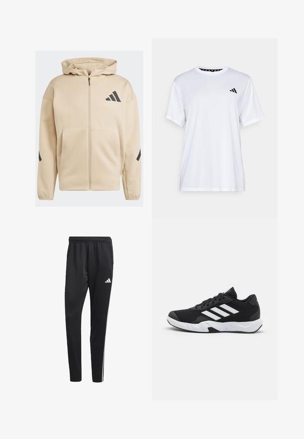 Bežová mikina na zips s textúrovaným povrchom, s čiernym logom Adidas a čiernymi akcentmi na rukávoch. Kapucňový dizajn s prednými vreckami.; Biely športový tričko s krátkymi rukávmi, vyrobené z materiálu, ktorý odvádza vlhkosť. Má čierne logo na ľavej hrudi a vzorovaný vnútorný golier.; Čierne športové nohavice s elastickým pásom, bielymi bočnými pruhmi a malým bielym logom na stehne. Vyrobené z hladkého, ľahkého materiálu.; Čierne športové topánky s textúrovaným sieťovinovým zvrškom, bielymi akcentovými pruhmi, polstrovanou podrážkou a spevneným pätou pre podporu.