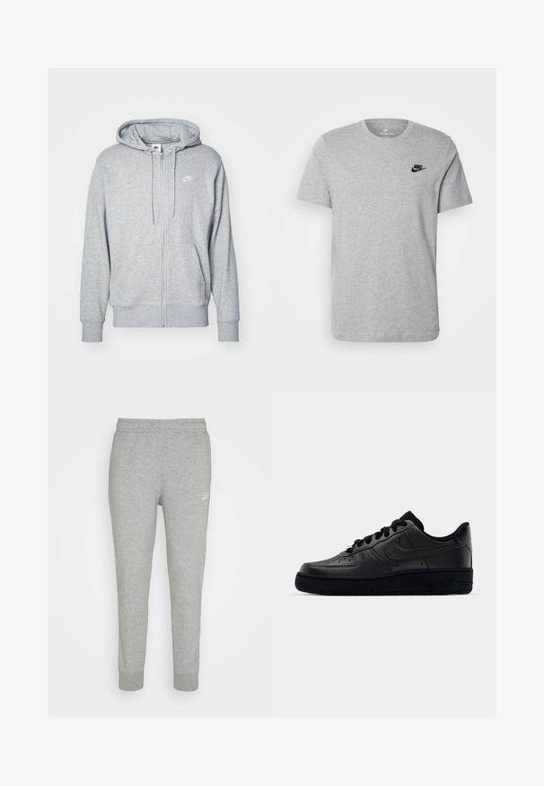 Um hoodie cinza com fecho, feito de um tecido suave, com um bolso canguru, capuz com cordão e um pequeno logótipo branco no peito.; T-shirt cinza de manga curta em algodão, com um logo preto da Nike no peito e um decote redondo. Design minimalista sem padrões.; Sweatpants cinzas feitos de um tecido suave, com design de pernas ajustadas, cintura elástica e pequeno logótipo branco da Nike na coxa esquerda.; Sapatilha Nike Air Force 1 preta com parte superior em couro liso, bico perfurado para respirabilidade, atacadores pretos e sola de borracha texturizada.