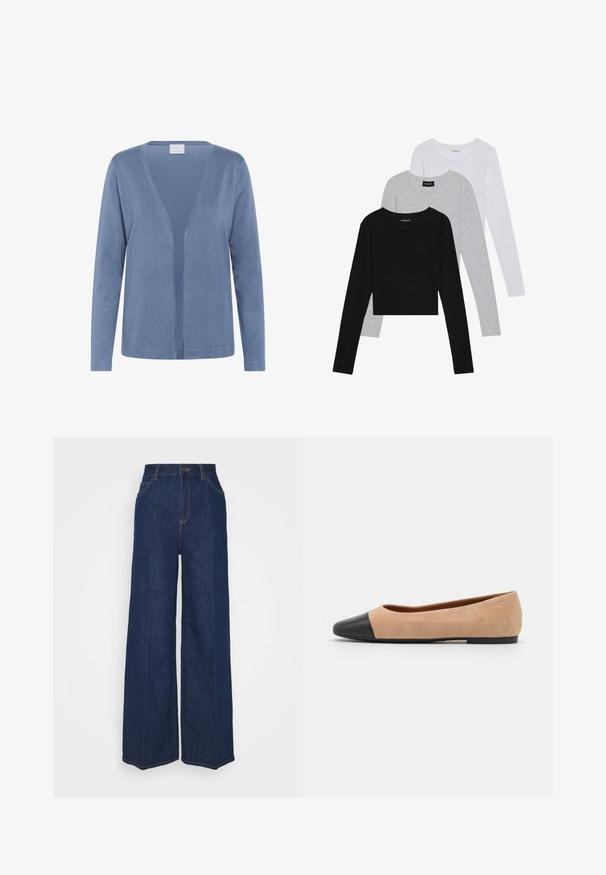 Svetlomodrý kardigán s výstrihom do V, dlhými rukávmi a otvoreným predným dizajnom. Mäkka textúra s jemným prešívaním.; Tričko s dlhým rukávom v troch farbách: čiernej, sivej a bielej. Každé má okrúhly výstrih a skrátený strih vyrobený z hladkej, ľahkej tkaniny.; Džíns s vysokým pásom a širokými nohavicami, tmavomodrej farby, s prednými a zadnými vreckami, zapínaním na gombík a viditeľnými švy.; Béžové semišové baletky s čiernou koženou okrúhlou špičkou, nízkym podpätkom a hladkou textúrou, s minimálnym prešívaním a čistým dizajnom.