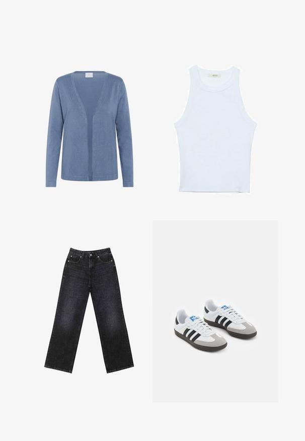 Svetlomodrý kardigán s výstrihom do V, dlhými rukávmi a otvoreným predným dizajnom. Mäkka textúra s jemným prešívaním.; Biele tielko, rebrový textúra, okrúhly výstrih, bezrukávový dizajn, priliehavý strih, diskrétne logo na štítku vo vnútri oblasti goliera.; Vysoké čierne denimmové džínsy so širokým strihom, dizajnom s piatimi vreckami a viditeľným šitím. Tkanina má hladký, mierne textúrovaný povrch.; Športové topánky s bielym koženým zvrškom, šedou semišovou špičkou a tromi čiernymi pruhmi. Obsahujú modré logo na jazyku a štruktúrovanú gumovú podrážku.