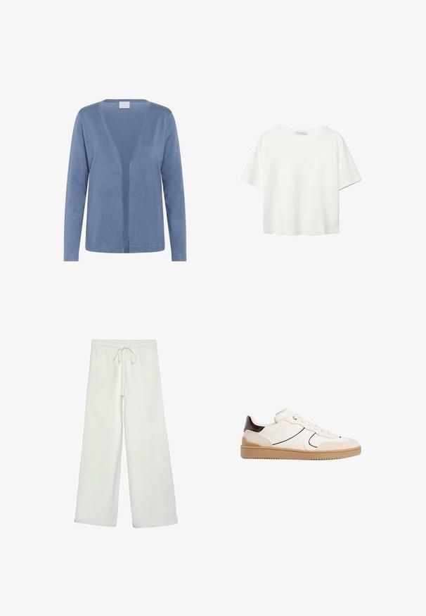 Ljusblå cardigan med v-halsringning, långa ärmar och öppen frontdesign. Mjuk textur med subtila sömdetaljer.; Vit t-shirt med kort ärm i bomull. Har en rundad halsringning och en avslappnad passform. Slät textur utan synliga mönster eller detaljer.; Vita vida byxor i mjukt tyg. Har en elastisk midja med dragsko och en slät yta. Inga synliga mönster eller metalldetaljer.; Stradivarius Sneakers - white