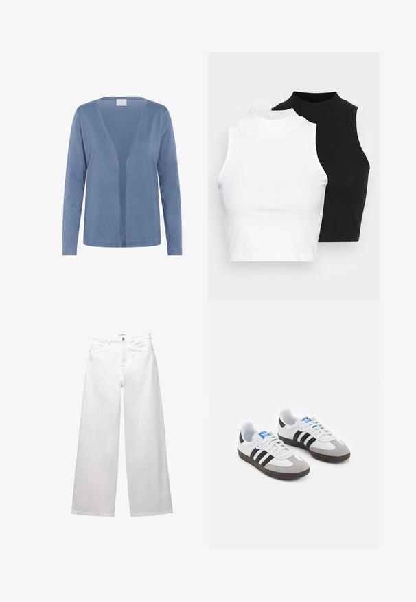 Hellblaues Cardigan mit V-Ausschnitt, langen Ärmeln und offenem Design. Weiche Textur mit dezentem Steppdetail.; Zwei ärmellose, gerippte Rollkragenoberteile in Schwarz und Weiß, mit einer figurbetonten Passform und glatter Textur sowie einer cropped Länge.; Weiße weit geschnittene Jeans aus Denim. Mit Knopfverschluss, Vorder- und Gesäßtaschen sowie gesteppten Nähten. Glatte Textur mit minimalen Details.; Sportschuhe mit einem Obermaterial aus weißem Leder, grauer Wildleder-Zehenkappe und drei schwarzen Streifen. Sie verfügen über ein blaues Logo auf der Zunge und eine strukturierte Gummisohle.