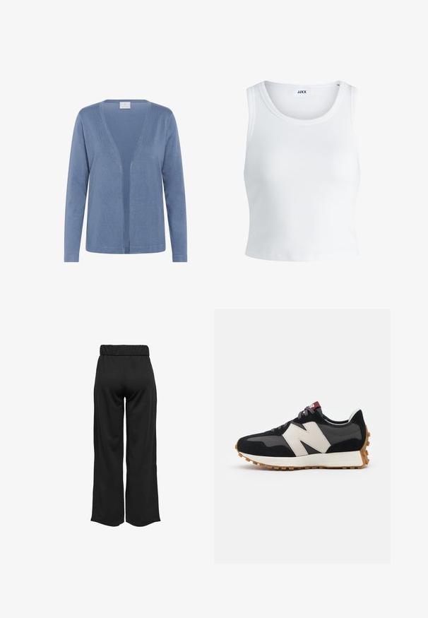 Világoskék kardigán v-nyakkivágással, hosszú ujjal és nyitott elülső kialakítással. Puha textúra finom varrási részletekkel.; Fehér bordás ujjatlan top, kerek nyakkivágással és rövid hosszal. A címke szerint "JJXX". Sima szövettextúra.; Fekete, bővülő szárú nadrág, elasztikus derékkal, sima anyagból készült. Tiszta dizájn jellemzi, zsebek és látható varrási részletek nélkül.; Fekete és szürke velúr sportcipő nagy krémszínű "N" logóval, lila fűzőkkel és texturált gumi talppal.
