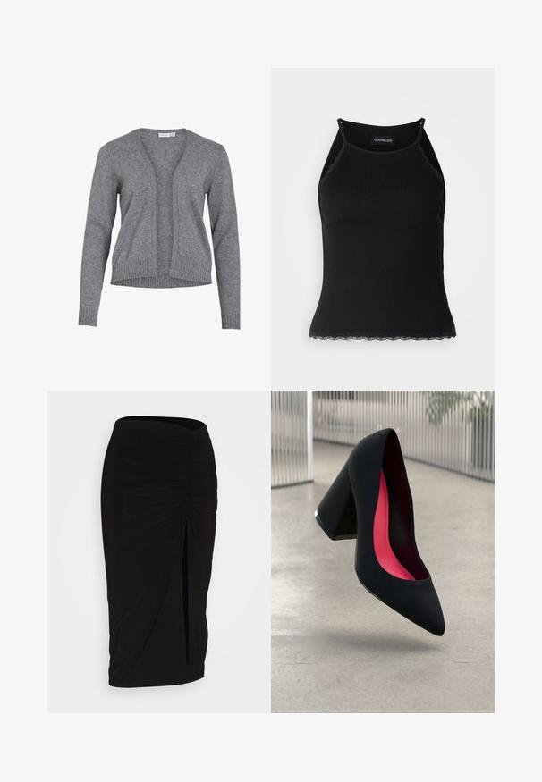 Pilkas cardigan'as, pagamintas iš minkštos mezgimo medžiagos, su V formos iškirpte, atviru priekiu ir banguotais rankogaliais bei apačia, užtikrinančiais laisvą prigludimą.; Juodas raštuotas marškinėlis be rankovių su banginiu nėriniu apdaila apatine dalimi. Savybės: plonos petnešos ir prigludusi forma. Pagaminta iš tamprios medžiagos.; Juoda, raukšlėta pieštuko sijonas su raišteliu ir šoniniu įpjovimu. Pagamintas iš elastingos medžiagos, pasižymi lygiu paviršiumi ir prigludusia forma.; Juodas aukštakulnis batai su smailiu pirštu, su tekstūruota paviršiumi ir ryškiai rožiniu vidumi. Su tiek dideliu kulnu, tiek sidabriniu akcentu.
