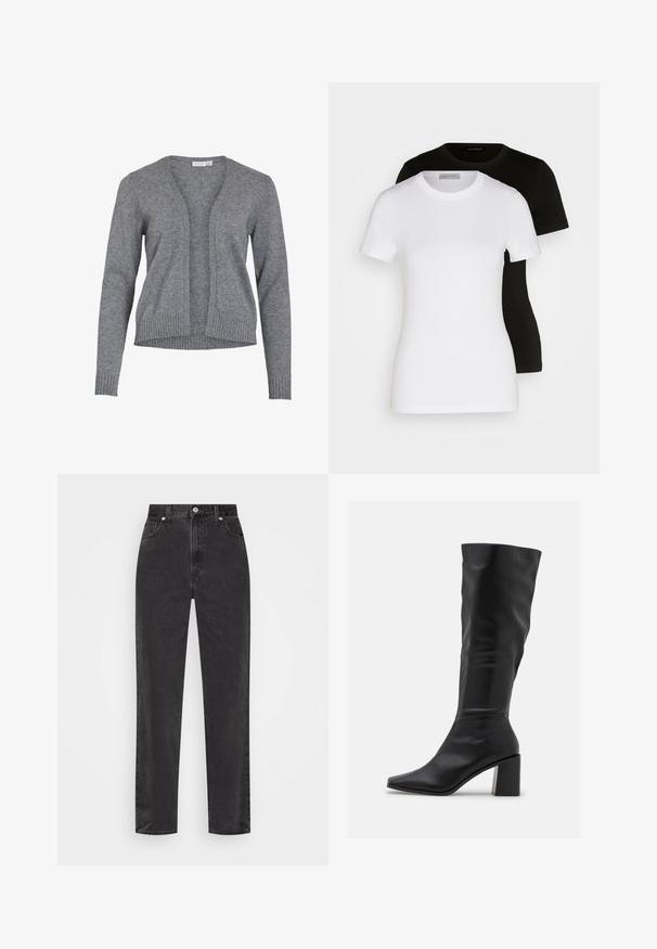 Grauer Cardigan aus weichem Strickstoff, mit V-Ausschnitt, offener Vorderseite und gerippten Bündchen und Saum für eine entspannte Passform.; Zwei kurzärmelige T-Shirts in Schwarz und Weiß. Hergestellt aus glattem Baumwollstoff, mit einem klassischen Rundhalsausschnitt und normaler Passform.; Schwarze Denim-Jeans mit geradem Bein, hoher Taille, vorderem Knopf und Reißverschluss sowie fünf Taschen auf weißem Hintergrund.; RAID BLICK - Stiefel - black