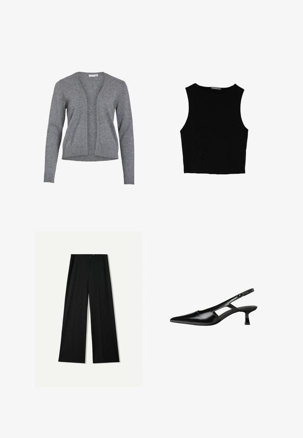 Grauer Cardigan aus weichem Strickstoff, mit V-Ausschnitt, offener Vorderseite und gerippten Bündchen und Saum für eine entspannte Passform.; Schwarzes ärmelloses Crop-Top aus glattem Stoff, mit rundem Ausschnitt und einem klaren, schlichten Design ohne Muster oder Beschläge.; Bershka WIDE - Stoffhose - black; Schwarze Lackleder-Slingback-High Heels mit spitzer Zehenform, ausgeschnittenem Seitendesign und kleinem Blockabsatz. Glatte Textur mit minimalen Akzenten.